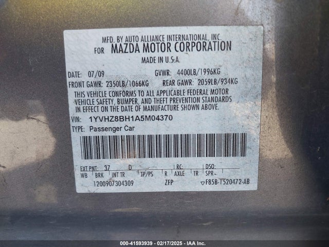 2010 Mazda Mazda6 I Sport მანქანა იყიდება აუქციონზე, vin: 1YVHZ8BH1A5M04370, აუქციონის ნომერი: 41593939