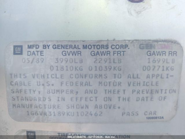 1989 CADILLAC ALLANTE 1G6VR3189KU102462 Photo 8