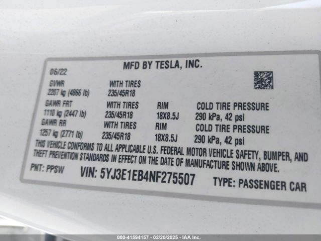 5YJ3E1EB4NF275507 Tesla Model 3 Long Range Dual Motor All-wheel Drive