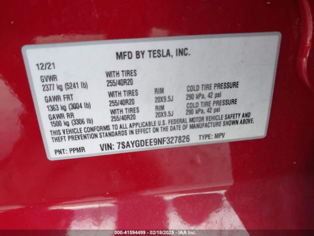 7SAYGDEE9NF327826 Tesla Model Y Long Range Dual Motor All-wheel Drive