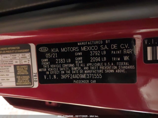 3KPF24AD9ME371555 KIA Forte Lxs