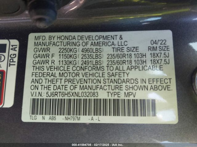 5J6RT6H5XNL032083 Honda Cr-v Hybrid Ex