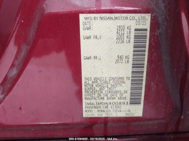 Nissan Altima 2.5 S 2015 1N4AL3AP0FN400893 Image 9