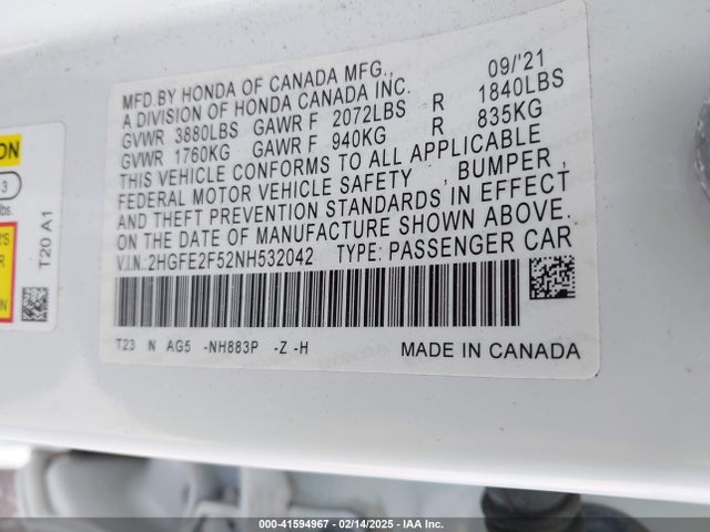 2HGFE2F52NH532042 Honda Civic Sport