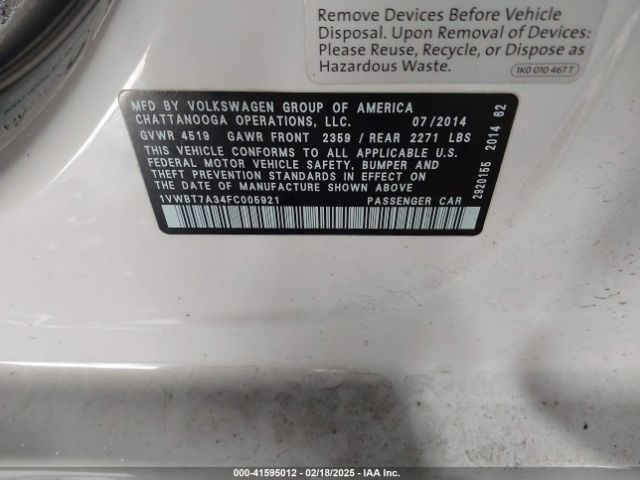 1VWBT7A34FC005921 Volkswagen Passat 1.8t Se