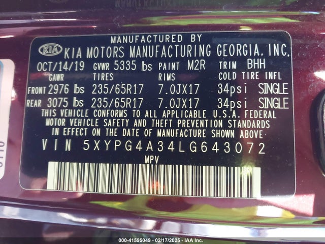 5XYPG4A34LG643072 KIA Sorento 2.4l Lx