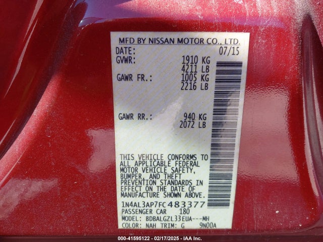 Nissan Altima 2.5 S 2015 1N4AL3AP7FC483377 Image 9