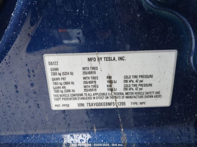 7SAYGDEE8NF511395 Tesla Model Y Long Range Dual Motor All-wheel Drive