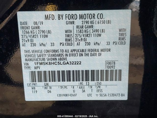 1FM5K8HC5LGA32222 Ford Explorer Platinum