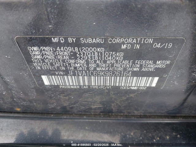 41595503 :رقم المزاد ، JF1VA1C69K9826164 vin ، 2019 Subaru Wrx Premium مزاد بيع