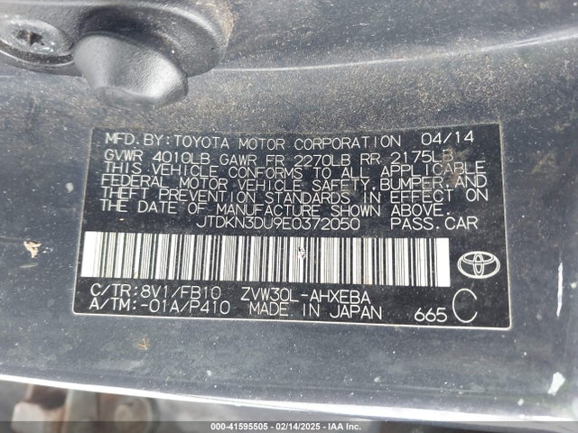 JTDKN3DU9E0372050 Toyota Prius Two