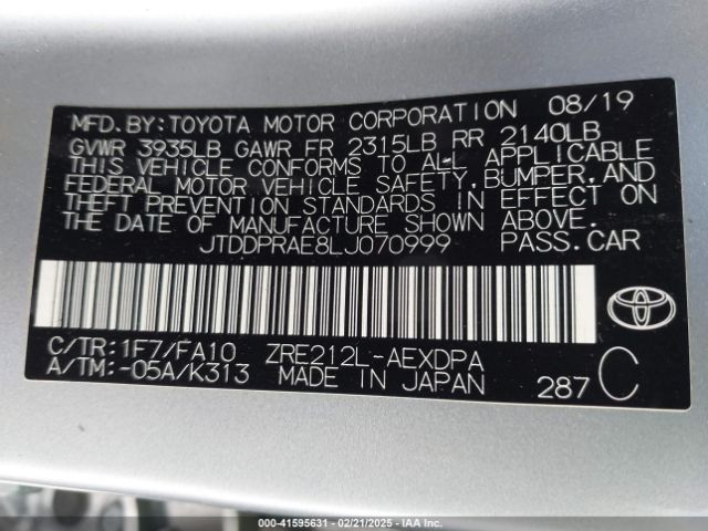 JTDDPRAE8LJ070999 Toyota COROLLA L