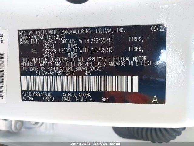 5TDZARAH1NS016287 Toyota Highlander Hybrid Le