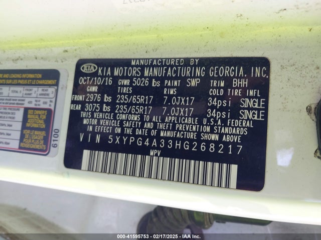 5XYPG4A33HG268217 KIA Sorento 2.4l Lx