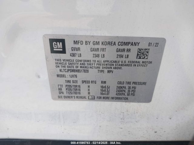 KL7CJPSM8NB517820 Chevrolet Trax Awd Lt