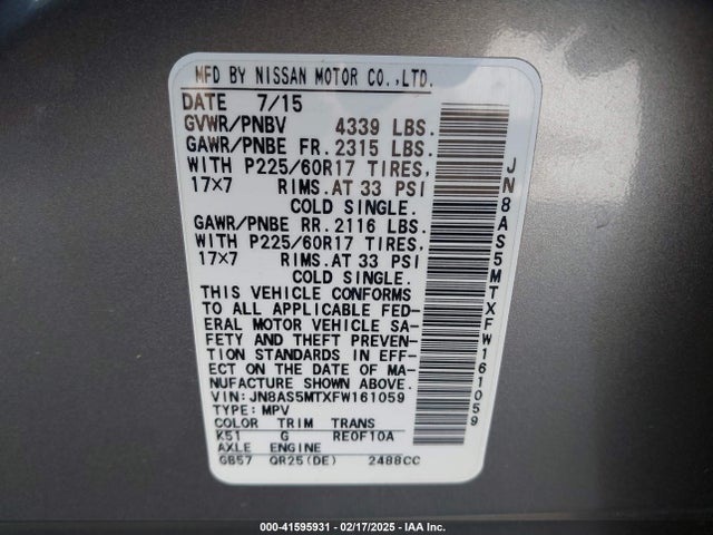 JN8AS5MTXFW161059 Nissan Rogue Select S