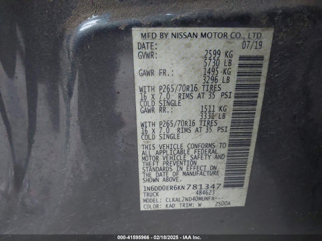 1N6DD0ER6KN781347 Nissan Frontier Sv