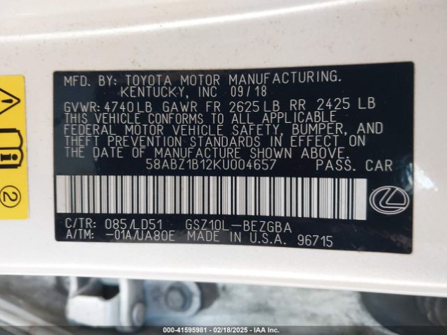 58ABZ1B12KU004657 Lexus ES 350