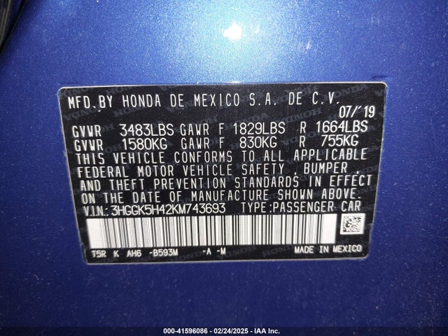 3HGGK5H42KM743693 Honda FIT LX