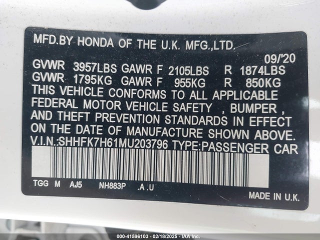 SHHFK7H61MU203796 Honda CIVIC EX