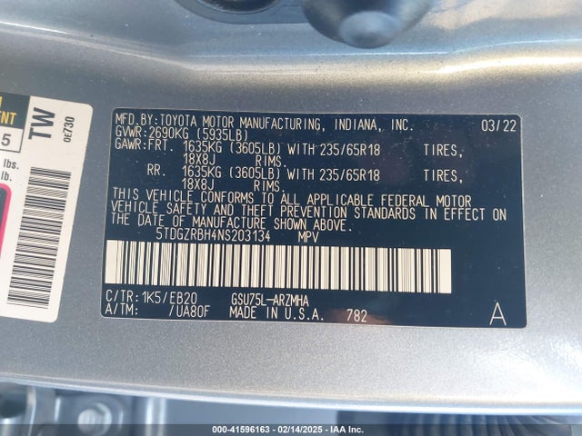 5TDGZRBH4NS203134 Toyota Highlander Xle