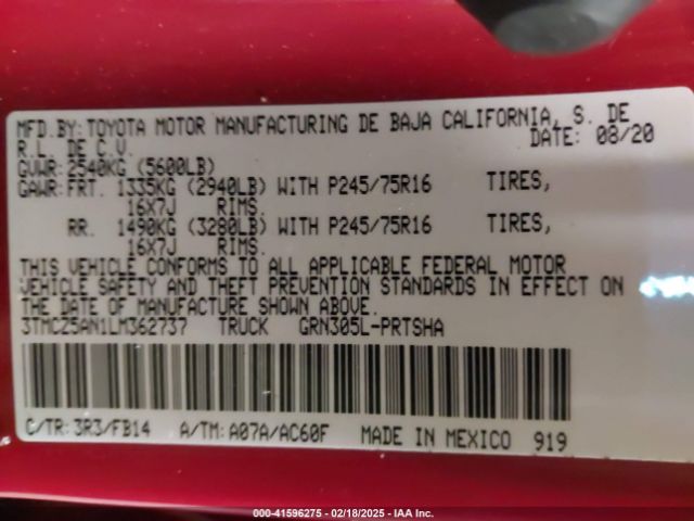 3TMCZ5AN1LM362737 Toyota Tacoma Sr V6