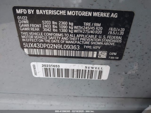 5UX43DP02N9L09363 BMW X3 Sdrive30i