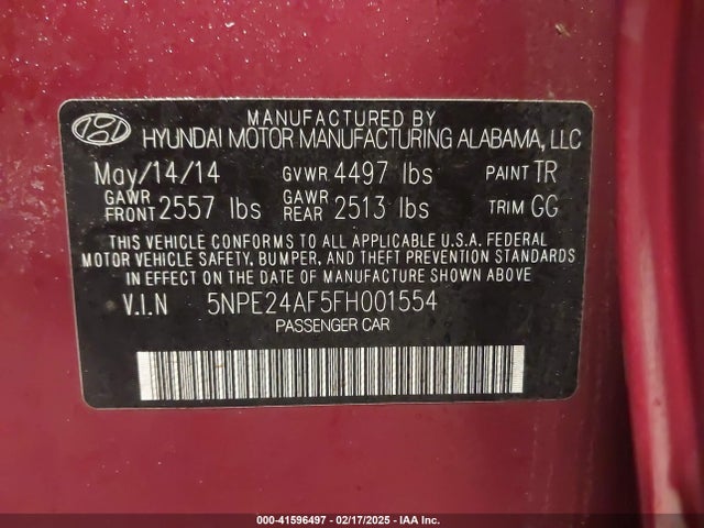 41596497 :رقم المزاد ، 5NPE24AF5FH001554 vin ، 2015 Hyundai Sonata Se مزاد بيع