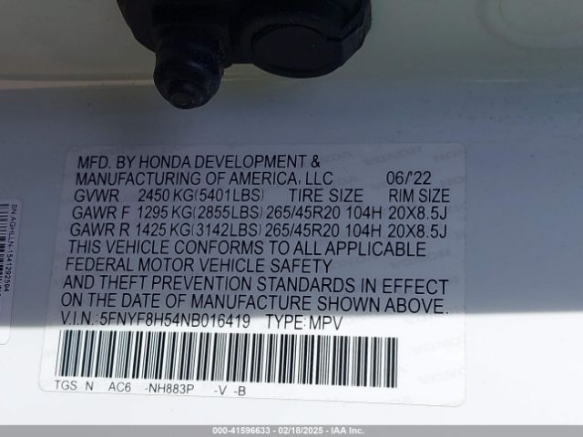 5FNYF8H54NB016419 Honda Passport Awd Ex-l