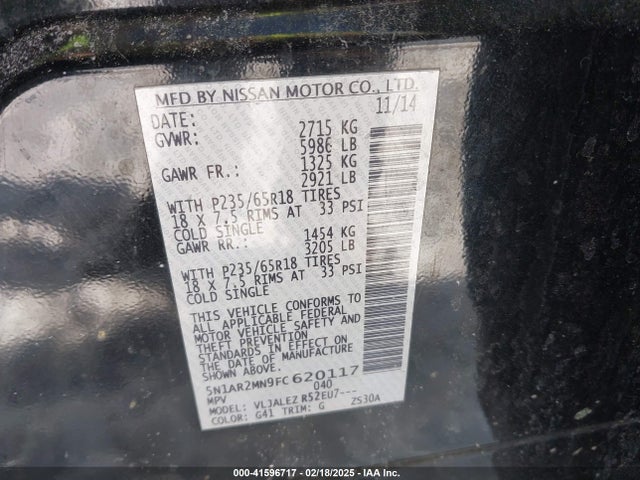 Nissan Pathfinder Platinum/s/sl/sv 2015 5N1AR2MN9FC620117 Image 9