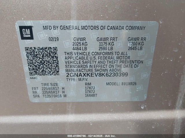 2GNAXKEV8K6230399 Chevrolet EQUINOX LT