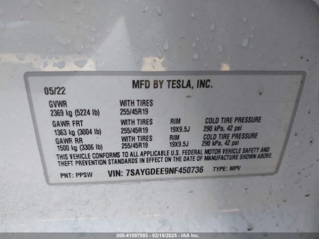 7SAYGDEE9NF450736 Tesla Model Y Long Range Dual Motor All-wheel Drive