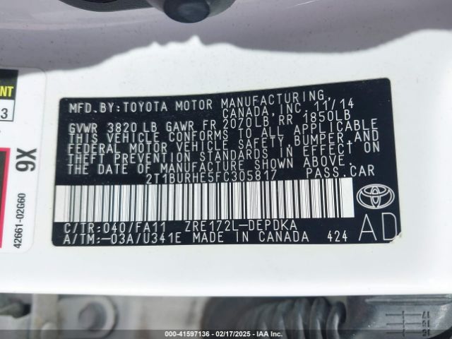 2T1BURHE5FC305817 Toyota COROLLA L