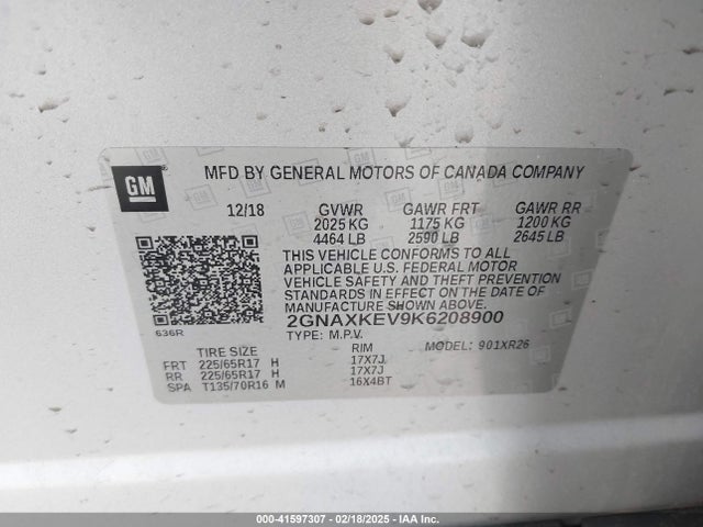 2GNAXKEV9K6208900 Chevrolet EQUINOX LT
