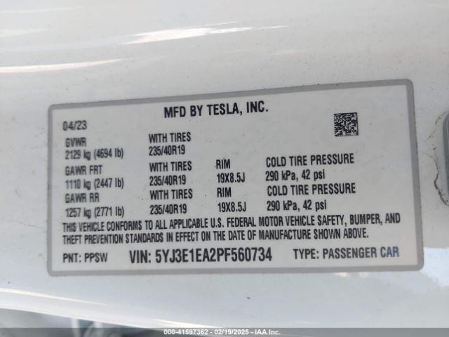 5YJ3E1EA2PF560734 Tesla Model 3 Rear-wheel Drive