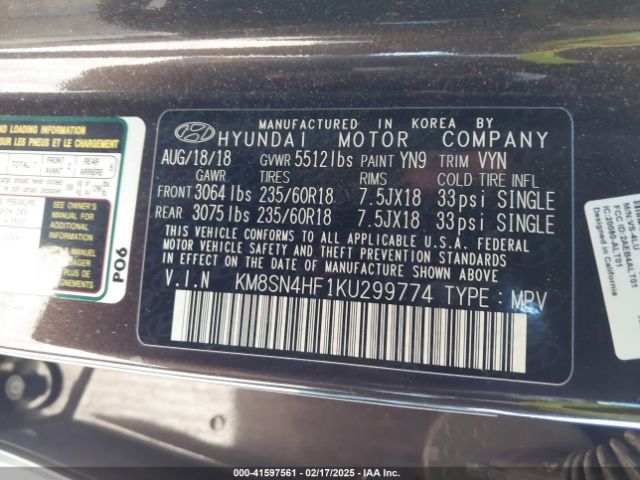 KM8SN4HF1KU299774 Hyundai Santa Fe Xl Se