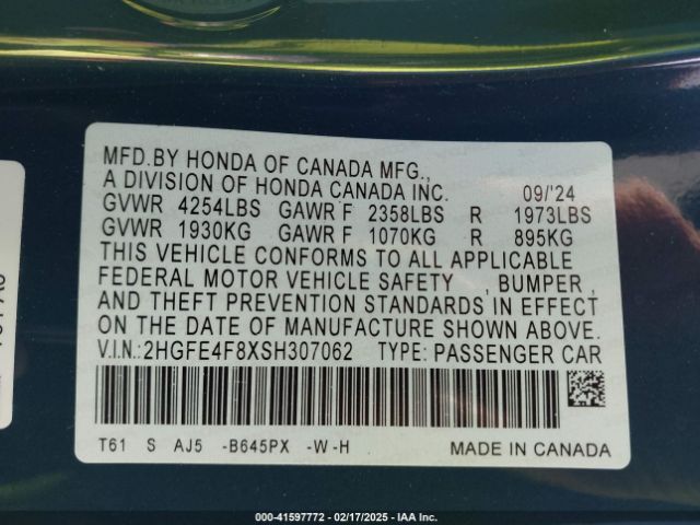 2HGFE4F8XSH307062 Honda Civic  Hybrid Sport/sport Touring