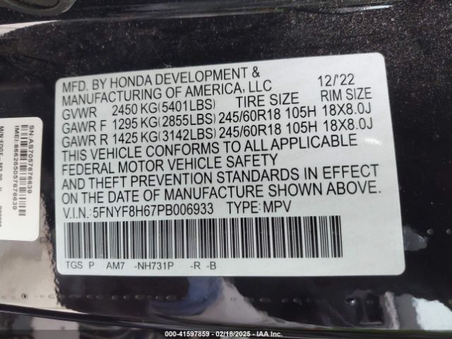 5FNYF8H67PB006933 Honda Passport Awd Trailsport