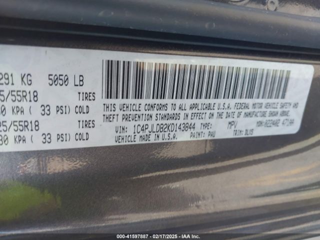 1C4PJLDB2KD143844 Jeep Cherokee Limited Fwd