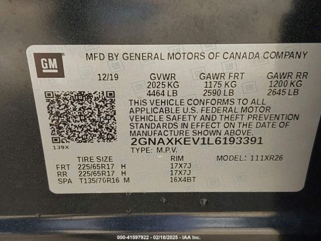 2GNAXKEV1L6193391 Chevrolet Equinox Fwd Lt 1.5l Turbo