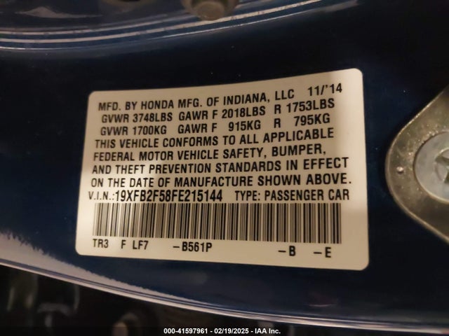 Honda Civic Lx 2015 19XFB2F58FE215144 Image 9