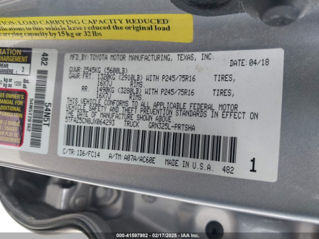 5TFAZ5CN8JX064293 Toyota Tacoma Sr5 V6