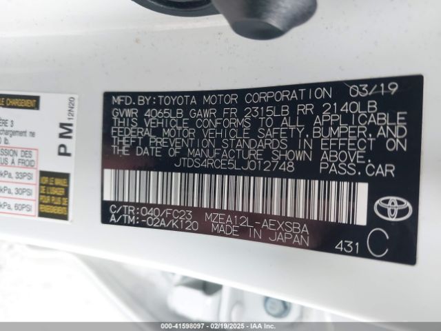 JTDS4RCE5LJ012748 Toyota COROLLA SE