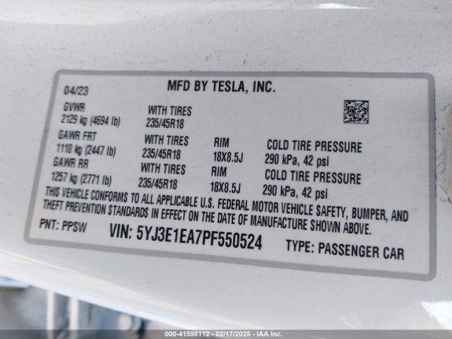 5YJ3E1EA7PF550524 Tesla Model 3 Rear-wheel Drive