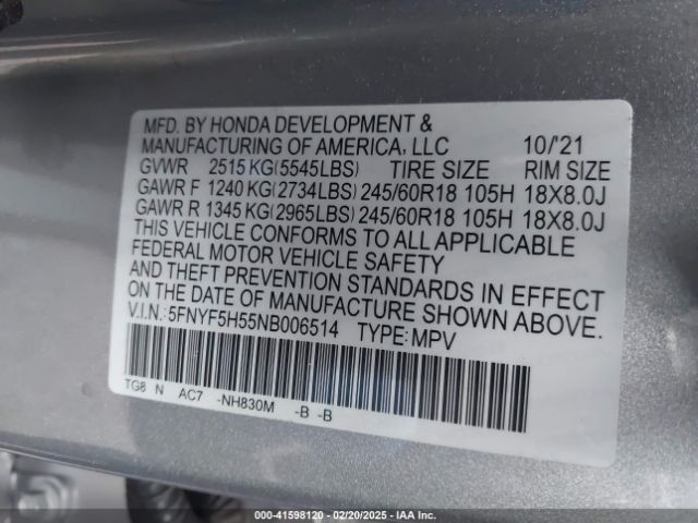 5FNYF5H55NB006514 Honda Pilot 2wd Ex-l