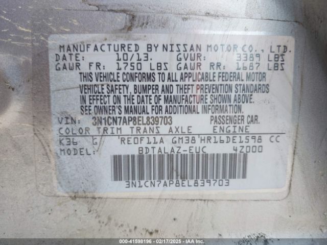 3N1CN7AP8EL839703 Nissan Versa 1.6 S+