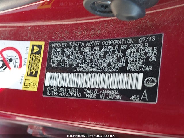 Auction sale of the 2013 Lexus Ct 200h, vin: JTHKD5BH8D2162240, lot number: 41598307