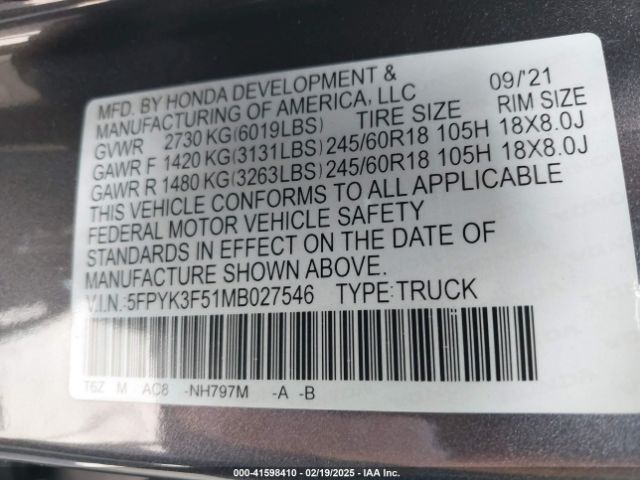 5FPYK3F51MB027546 Honda Ridgeline Awd Rtl
