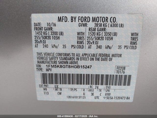 Ford EXPLORER SPORT 2017 1FM5K8GT8HGB15247 Image 9