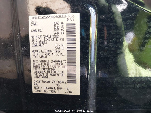 5N1BT3BAXNC703842 Nissan Rogue Sv Fwd